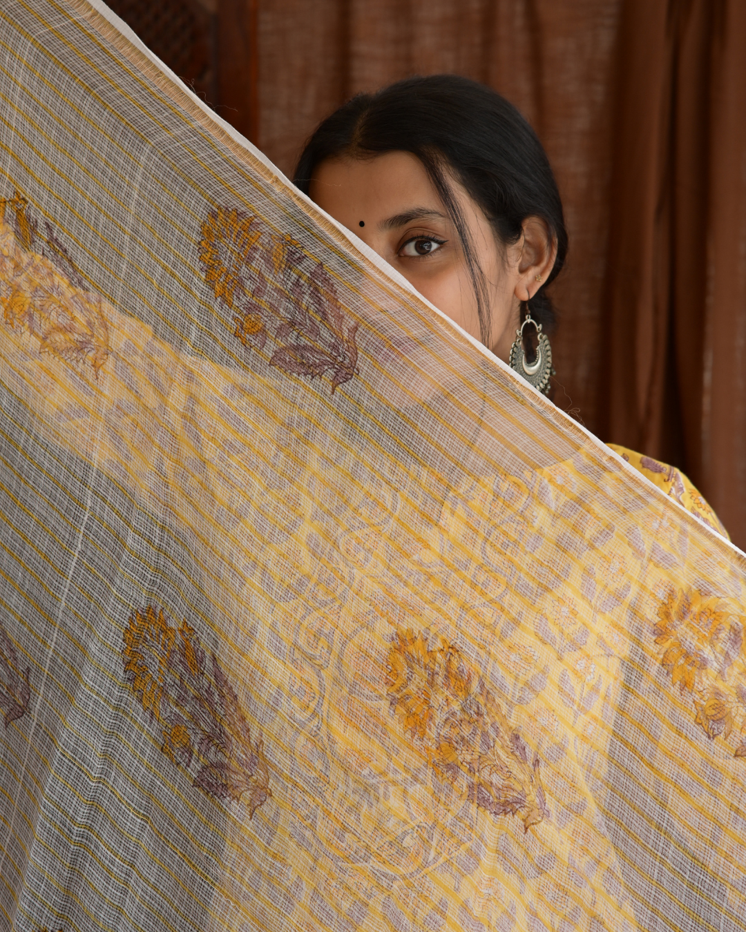 "NIRAM" Yellow Sanganeri Hand block printed cotton kurti set with Kota Doriya dupatta.