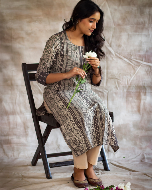 Dark Grey Dabu Hand Block Printed Kurti