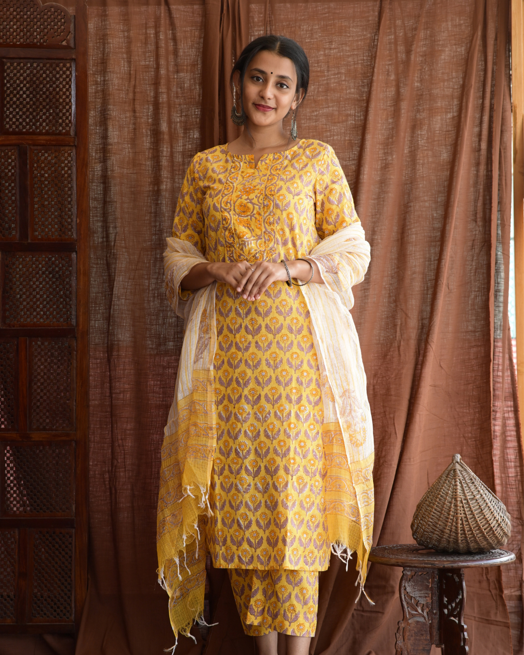 "NIRAM" Yellow Sanganeri Hand block printed cotton kurti set with Kota Doriya dupatta.