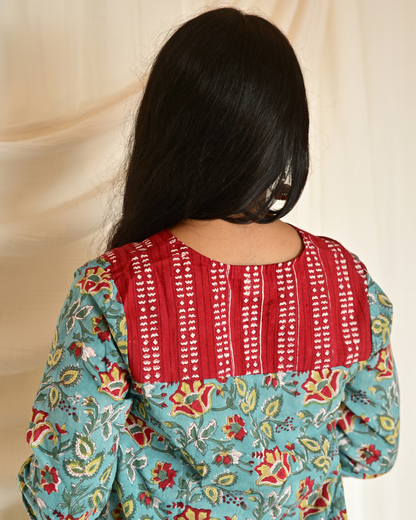 Gulmohar Teal Handblock Printed Gatherd A-line dress kurti