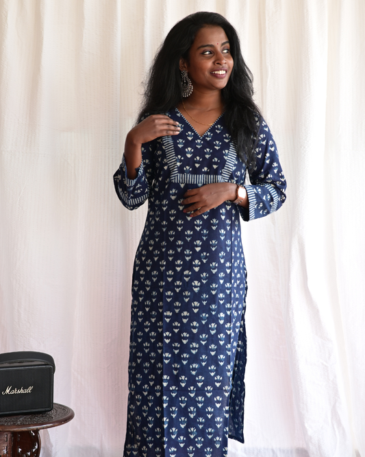 "NAIRA" Indigo Printed V Neck Cotton  Kurti