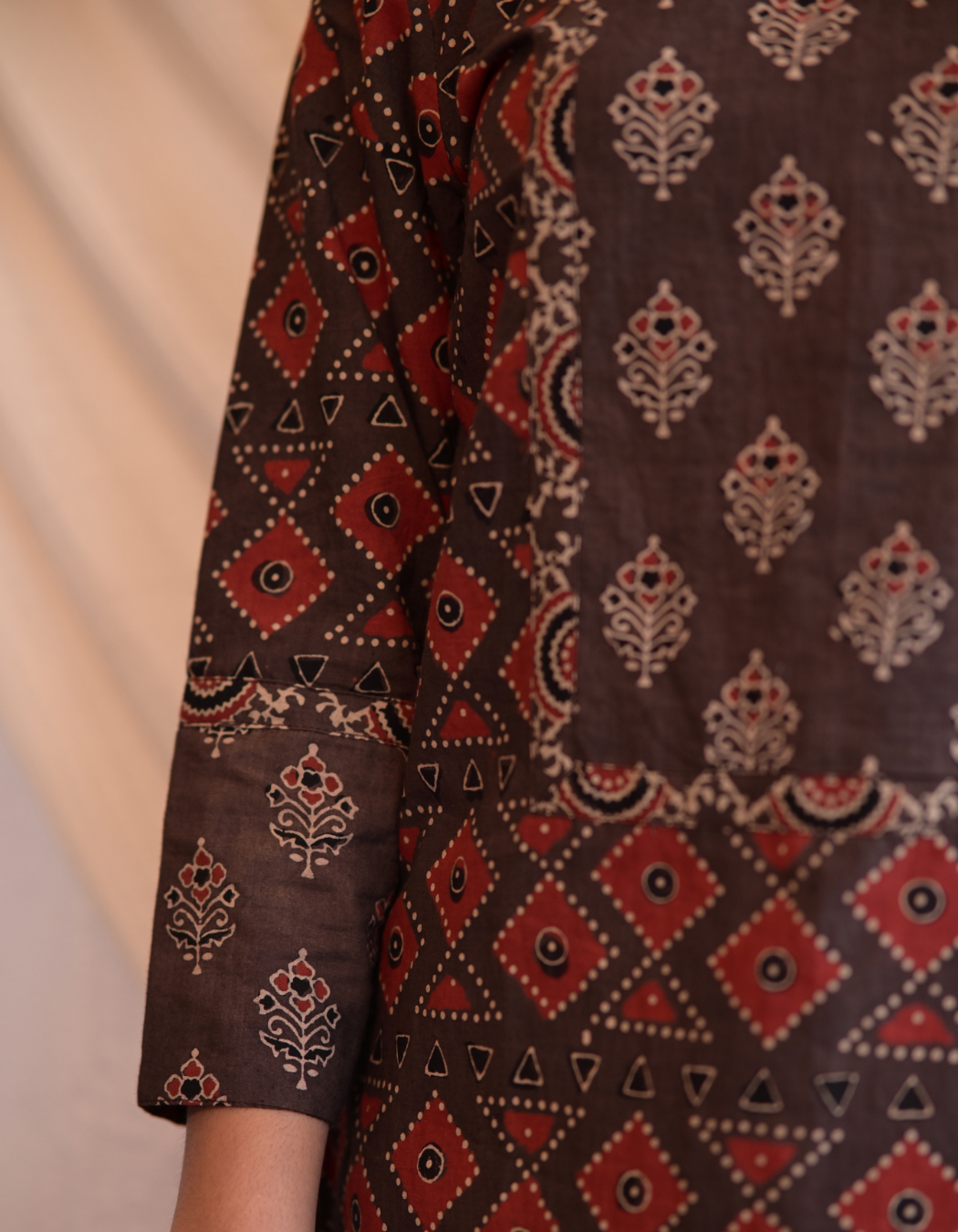Kadha brown Ajrakh Handblock geometrical  Printed Cotton Kurti