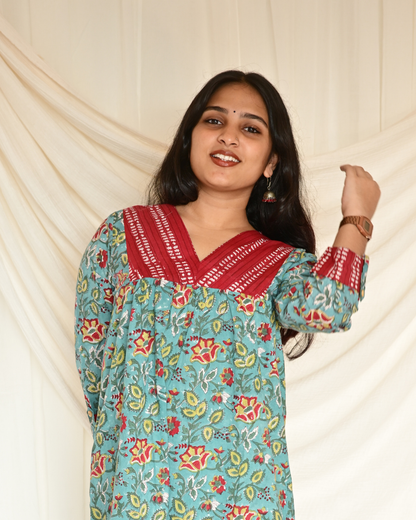Gulmohar Teal Handblock Printed Gatherd A-line dress kurti