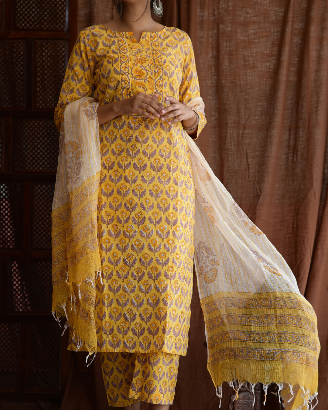 "NIRAM" Yellow Sanganeri Hand block printed cotton kurti set with Kota Doriya dupatta.