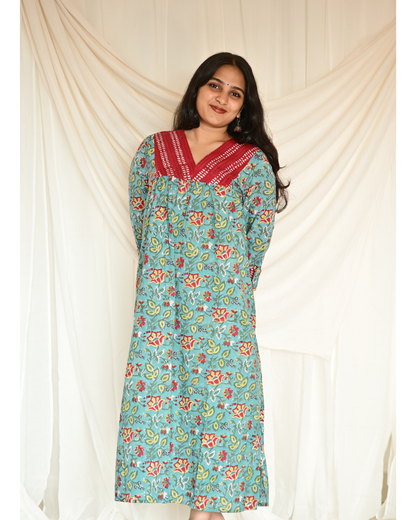 Gulmohar Teal Handblock Printed Gatherd A-line dress kurti