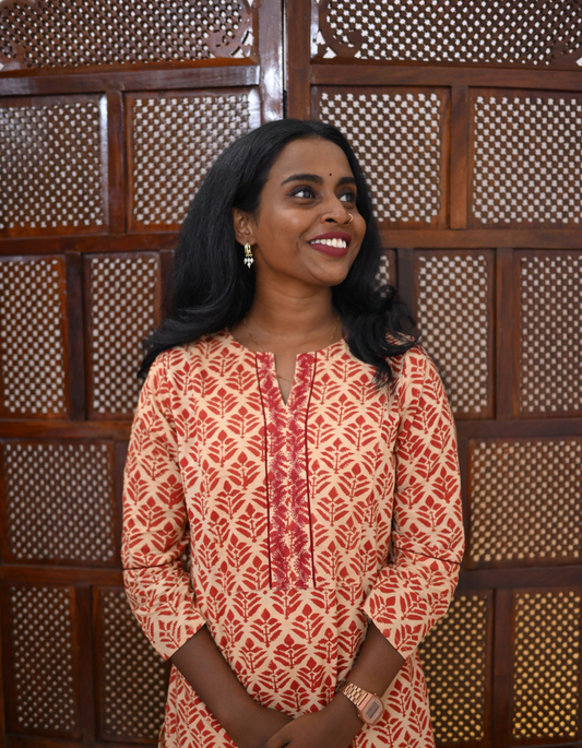 Beige and Red Hand Block Printed Embroidered Kurti