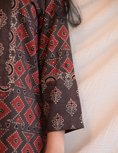 Kadha brown Ajrakh Handblock geometrical  Printed Cotton Kurti