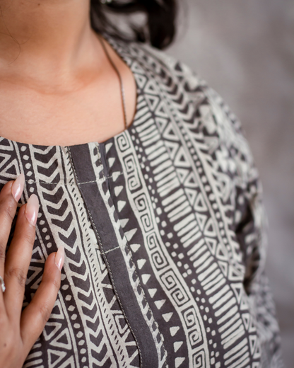 Dark Grey Dabu Hand Block Printed Kurti