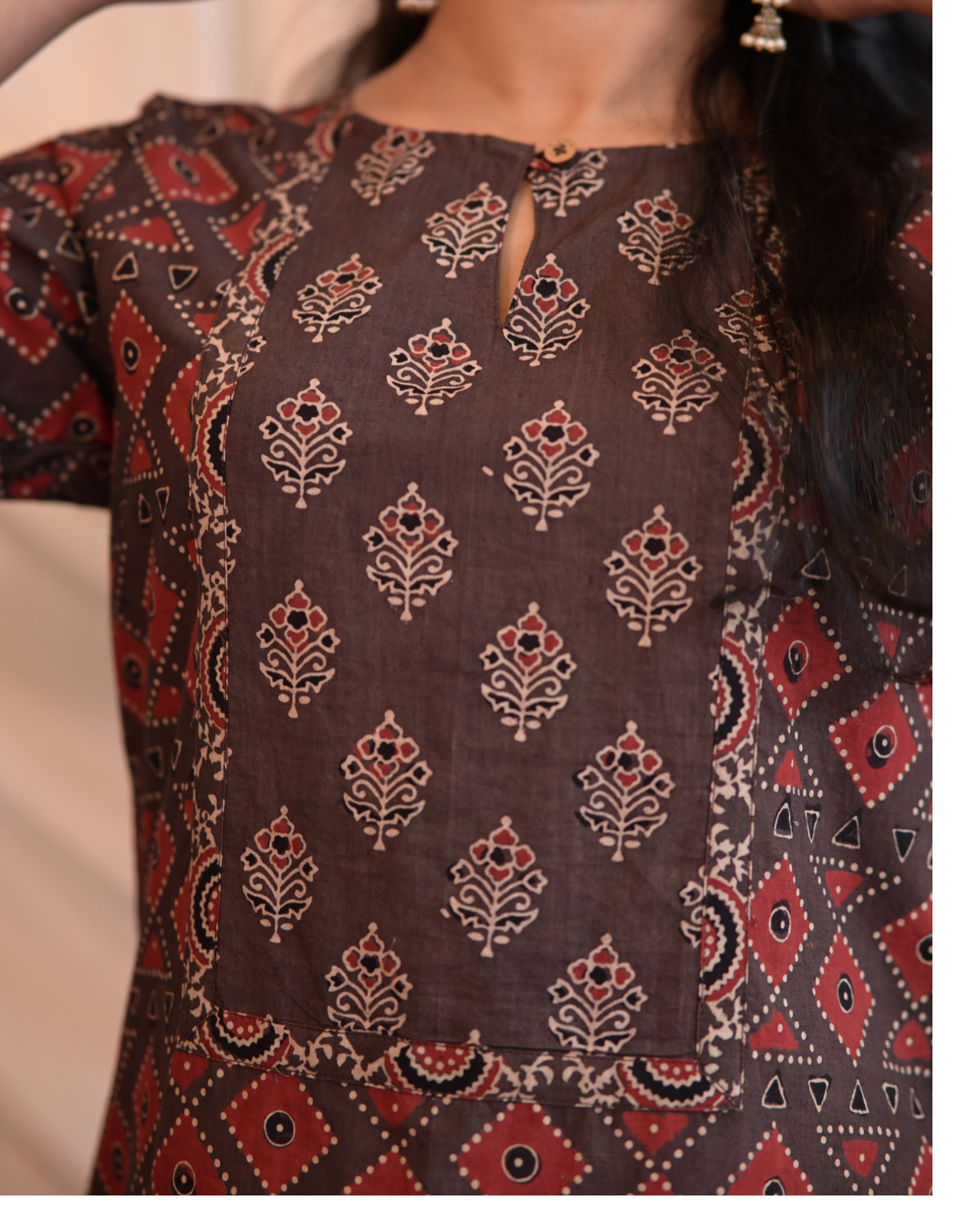 Kadha brown Ajrakh Handblock geometrical  Printed Cotton Kurti