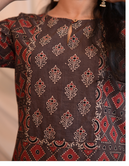Kadha brown Ajrakh Handblock geometrical  Printed Cotton Kurti