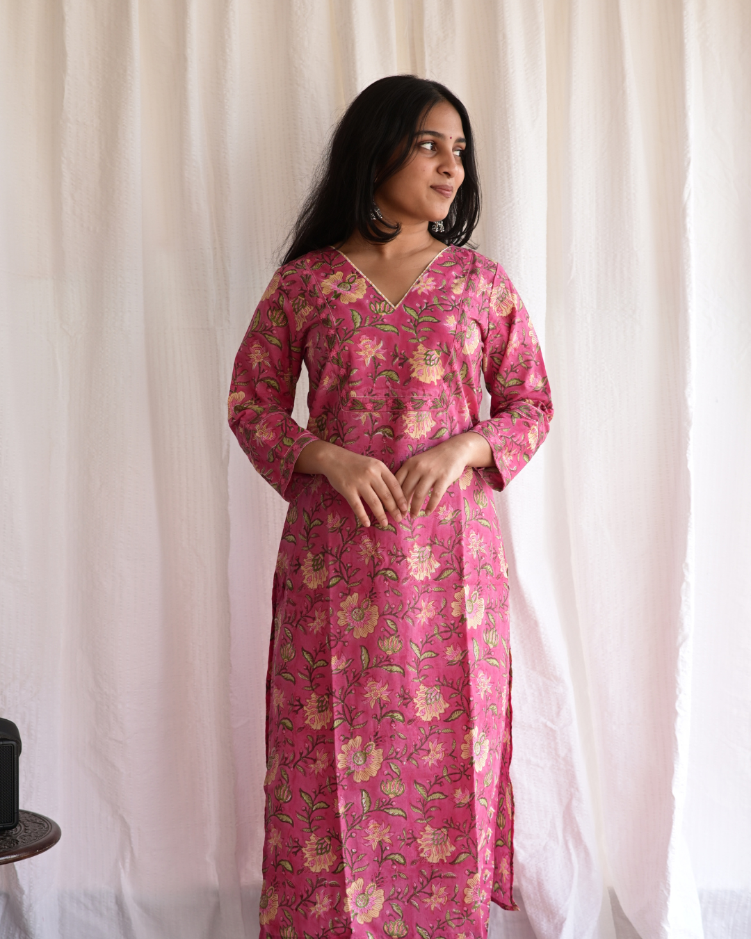 "NAIRA" Pink Floral Sanganeri Printed Cotton Kurti with Pant