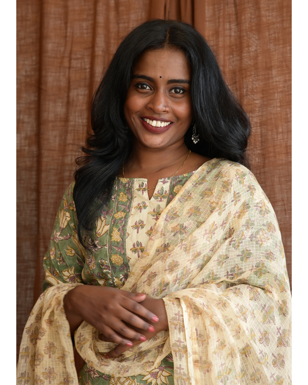 "NIRAM" Olive Green Sanganeri Hand block printed cotton kurti set with Kota Doriya dupatta.