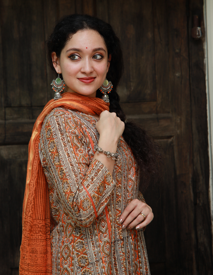 Orange and Beige V neck Kurti with Cotton Pant and Dupatta  SET