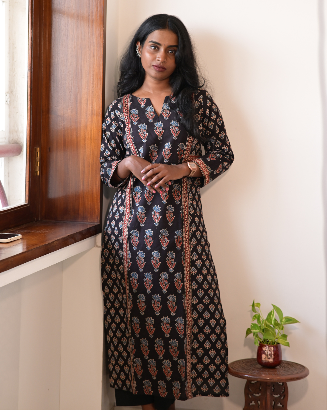"DHOOP" Black Ajrakh Hand Block Printed Cotton Kurti