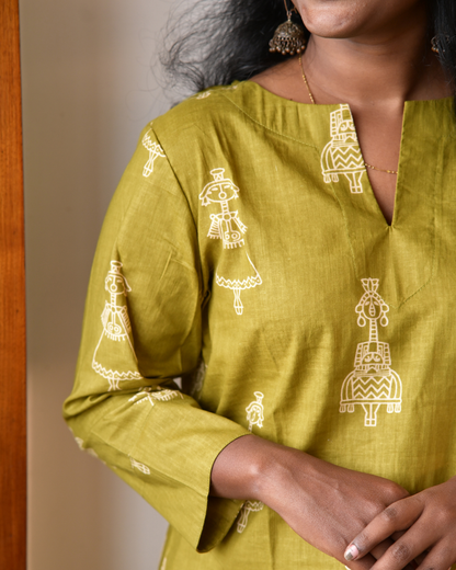 LEHRAA - Olive Green Warli Printed Slit Neck Kurti