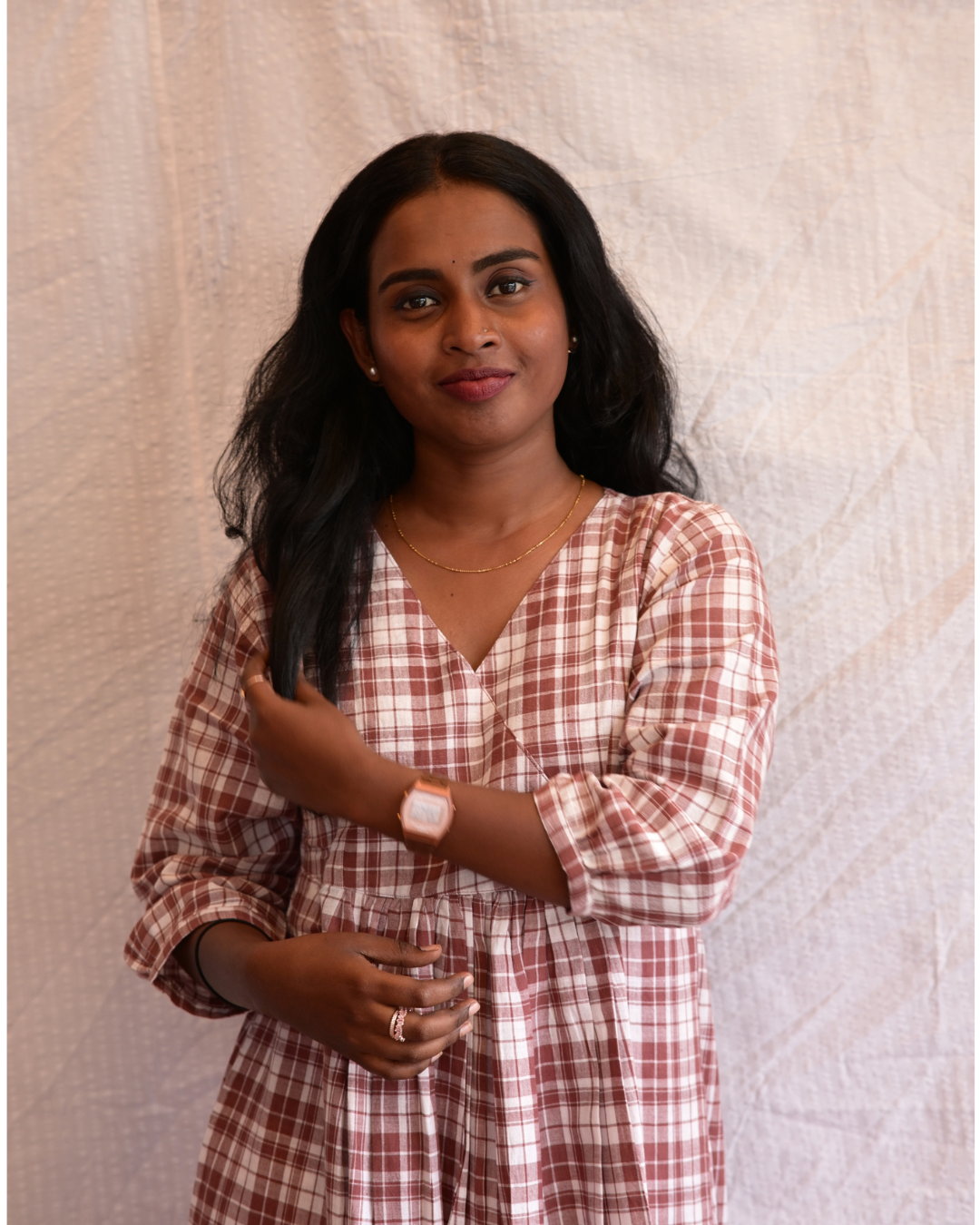 BENGAL HANDLOOM COTTON BROWN AND WHITE CHECK GATHERED DRESS