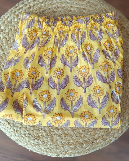 "NIRAM" Yellow Sanganeri Printed Cotton Kurti Set with Kota Doriya Dupatta.