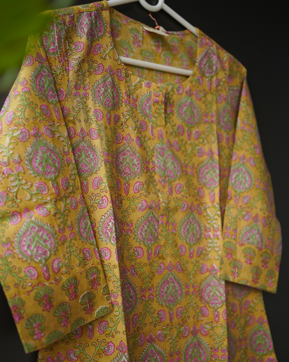 Corn Yellow floral Hand Block Printed Kurti and pant set