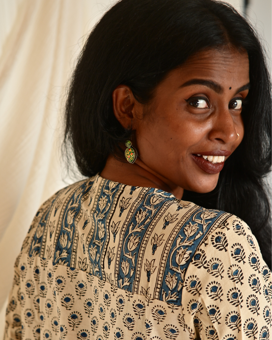 Gulmohar Beige and Blue Handblock Printed Gatherd A-line dress kurti
