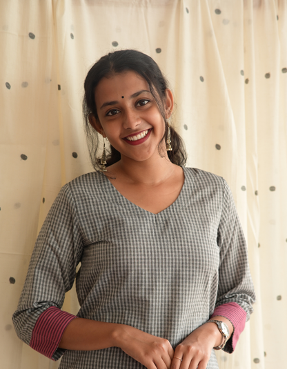 ROOH - GRAY CHECKED SOUTH COTTON  CURVD -V NECK KURTI