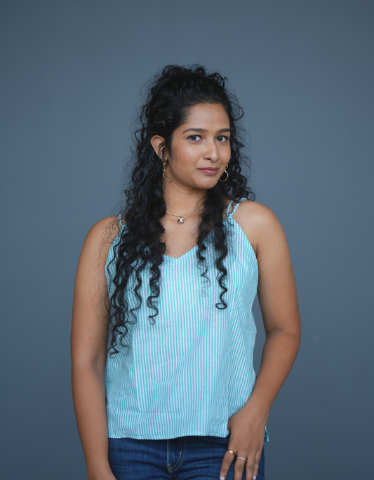 White And Blue Blue Striped Spaghetti Top