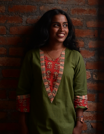"TARA" OLIVE GREEN BASE RED HAND BLOCK PRINTED PATCH KURTI