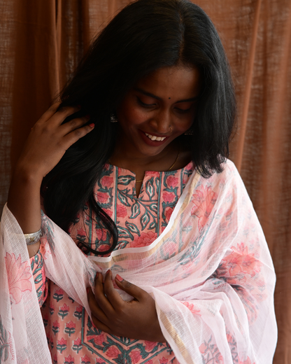"NIRAM" Light Peach Sanganeri Hand block printed cotton kurti set with Kota Doriya dupatta