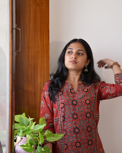 "DHOOP" Red Ajrakh Hand Block Printed Cotton Kurti