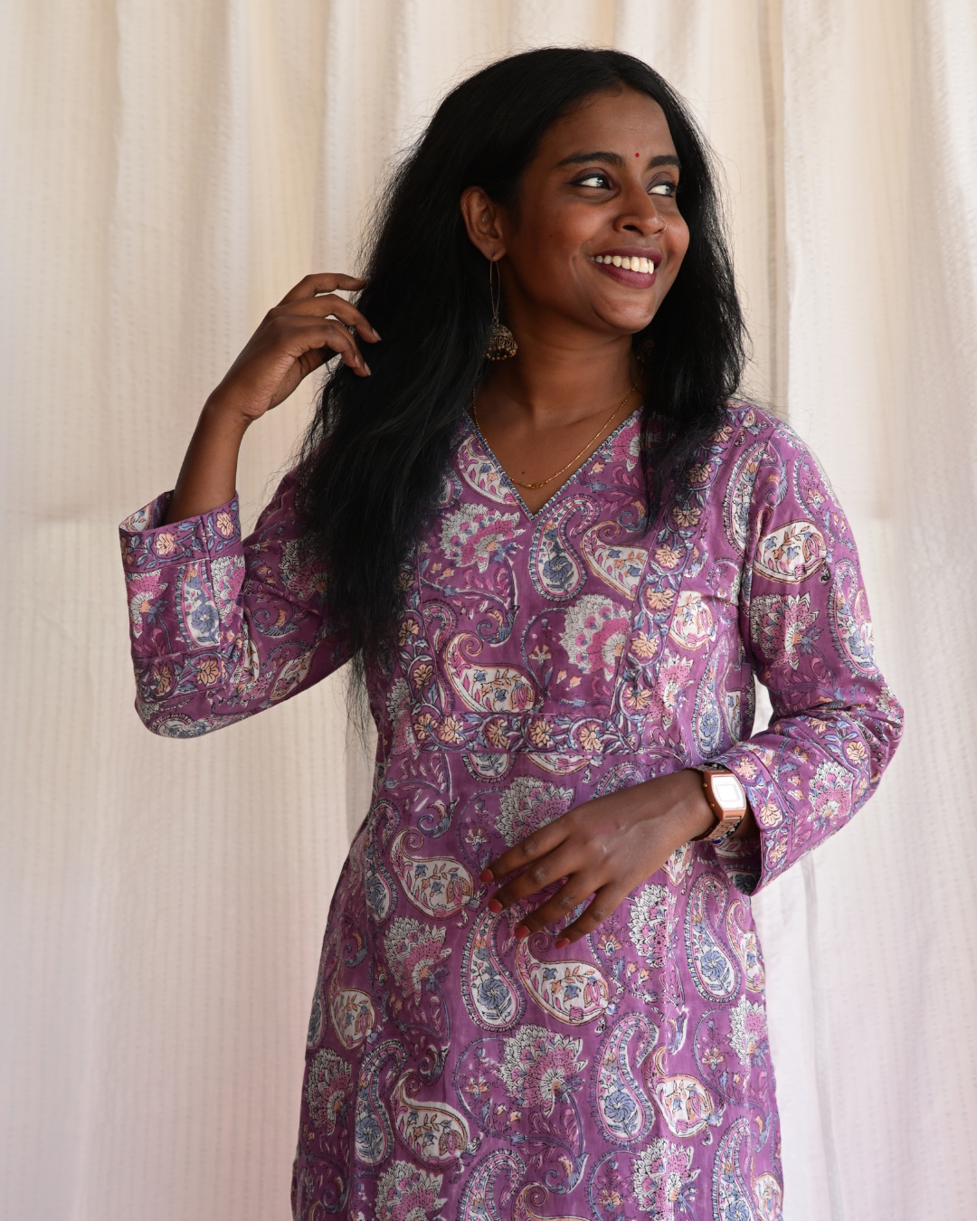 "NAIRA" Purple Floral Sanganeri  printed Cotton Kurti with Pant
