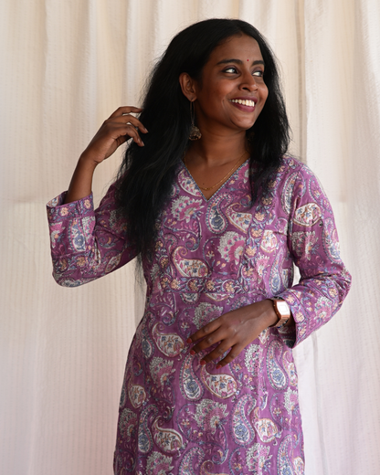 "NAIRA" Purple Floral Sanganeri  printed Cotton Kurti with Pant