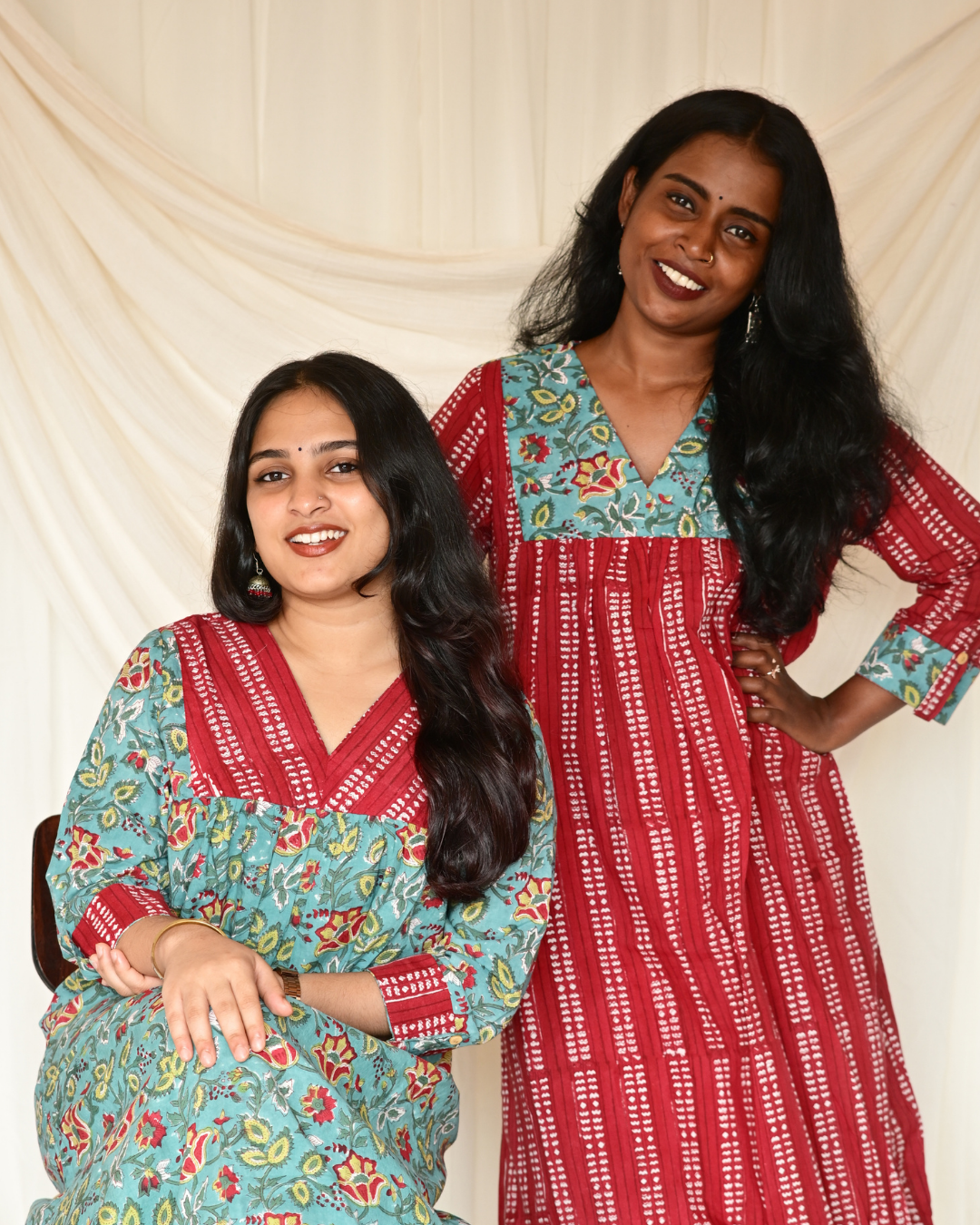 Gulmohar Teal Handblock Printed Gatherd A-line dress kurti