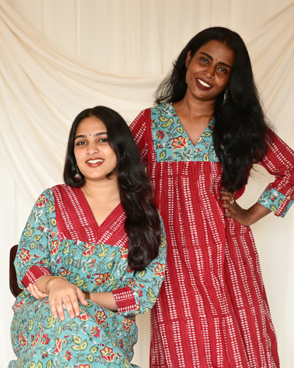 Gulmohar Teal Handblock Printed Gatherd A-line dress kurti