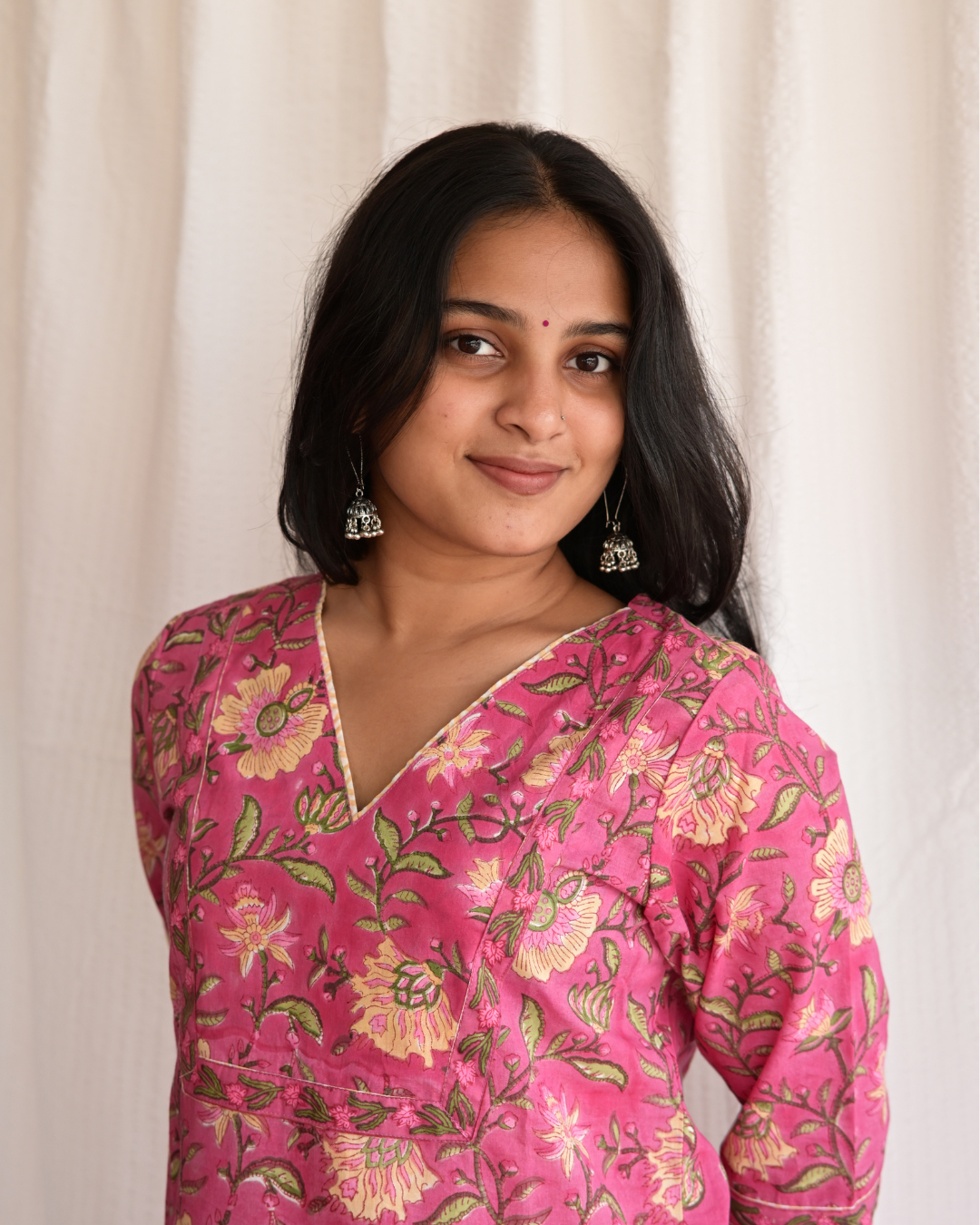 "NAIRA" Pink Floral Sanganeri Printed Cotton Kurti with Pant