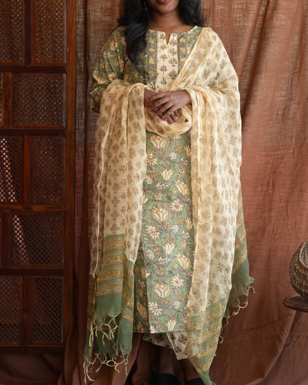 "NIRAM" Olive Green Sanganeri Hand block printed cotton kurti set with Kota Doriya dupatta.
