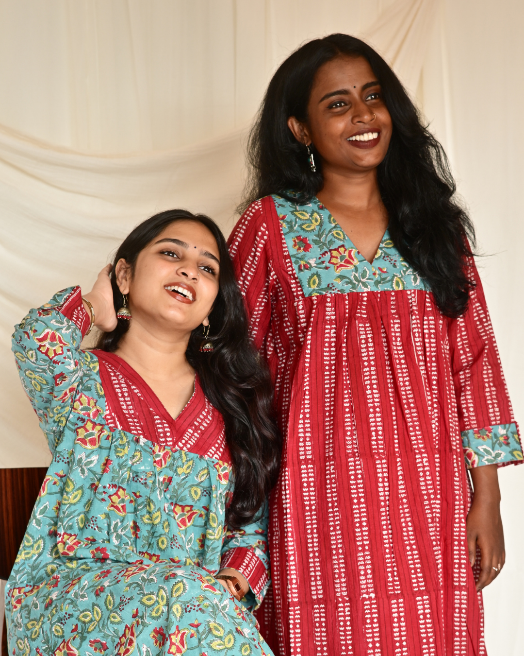 Gulmohar Red Handblock Printed Gatherd A-line dress kurti