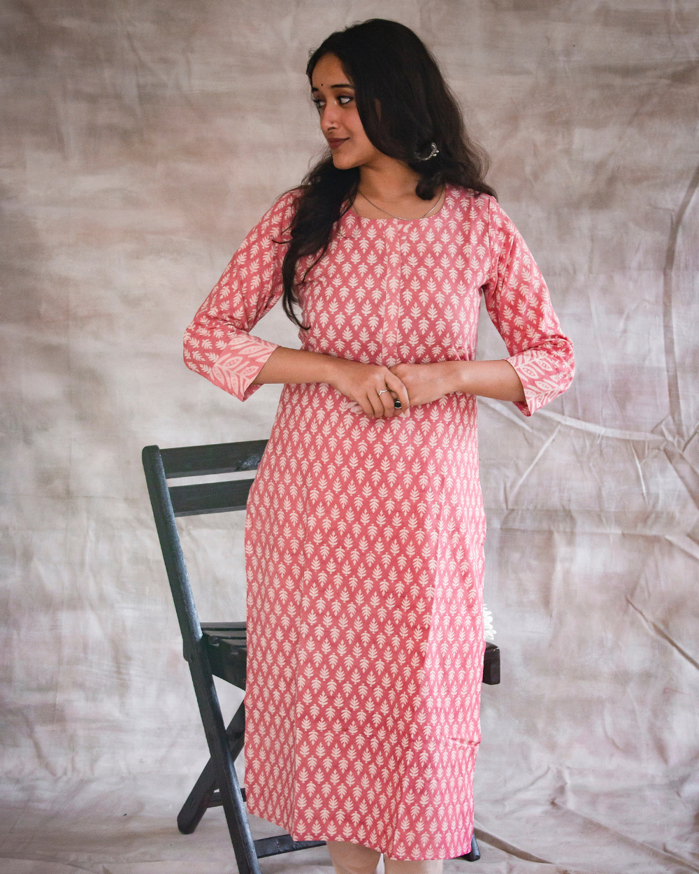 Baby Pink Dabu Hand Block Printed Kurti