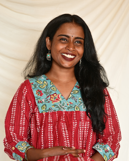 Gulmohar Red Handblock Printed Gatherd A-line dress kurti