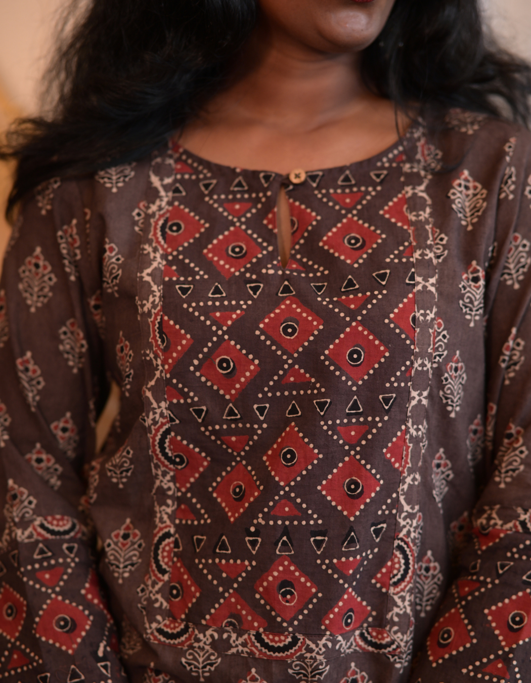 Kadha Brown Ajrakh Handblock Printed Cotton Kurti