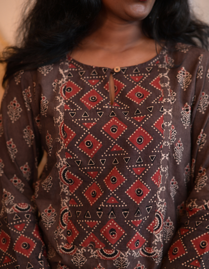 Kadha Brown Ajrakh Handblock Printed Cotton Kurti