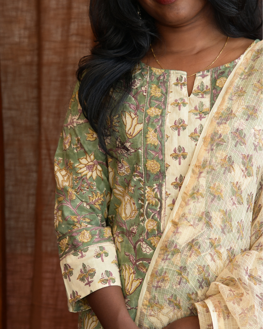 "NIRAM" Olive Green Sanganeri Hand block printed cotton kurti set with Kota Doriya dupatta.