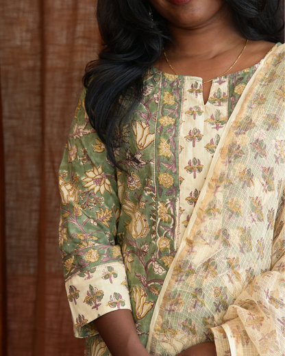 "NIRAM" Olive Green Sanganeri Hand block printed cotton kurti set with Kota Doriya dupatta.