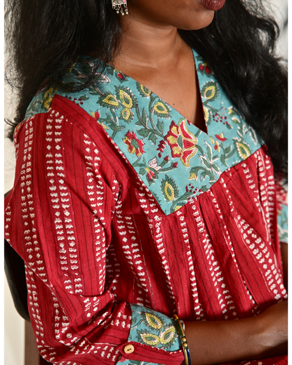 Gulmohar Red Handblock Printed Gatherd A-line dress kurti