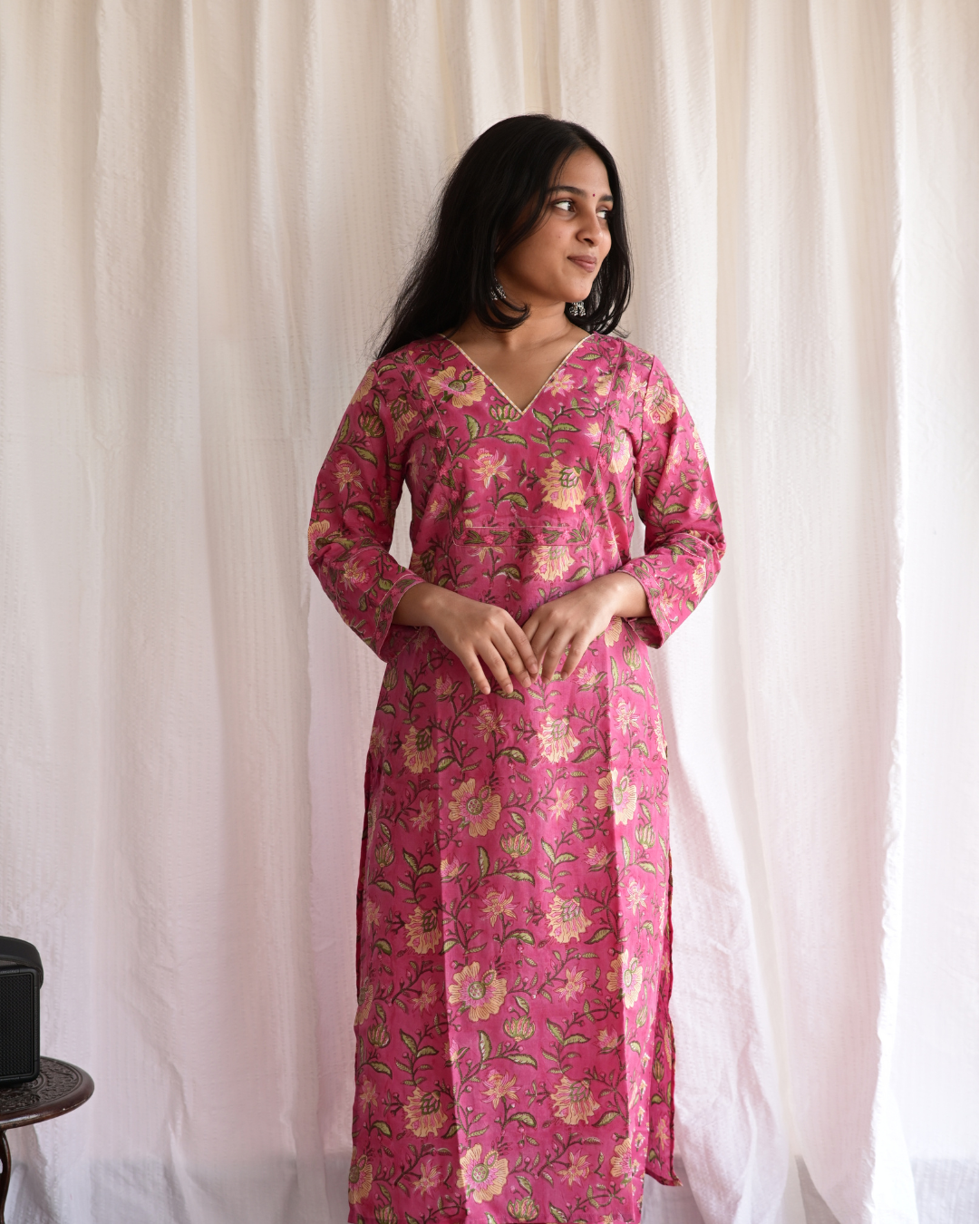 "NAIRA" Pink Floral Sanganeri Printed Cotton Kurti with Pant