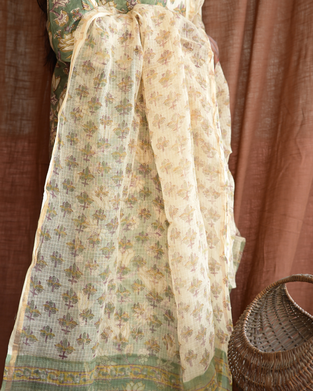 "NIRAM" Olive Green Sanganeri Hand block printed cotton kurti set with Kota Doriya dupatta.