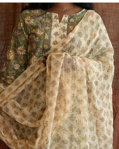 "NIRAM" Olive Green Sanganeri Hand block printed cotton kurti set with Kota Doriya dupatta.