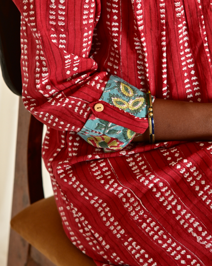 Gulmohar Red Handblock Printed Gatherd A-line dress kurti