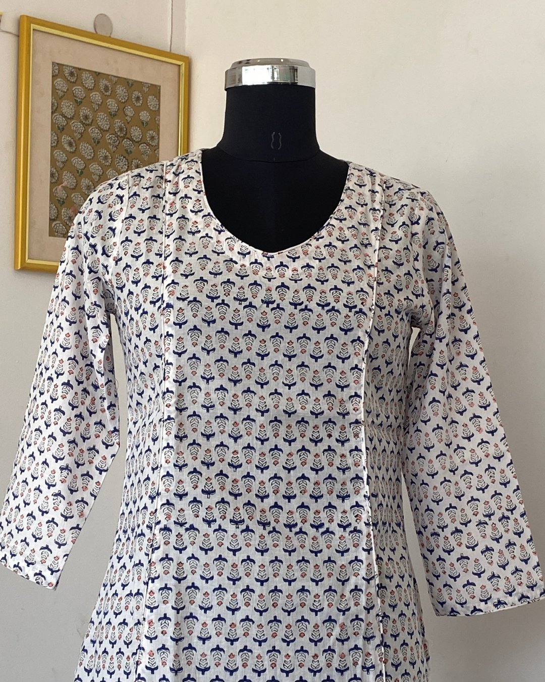 White And Blue Floral Hand Block  V Neck  Kurti