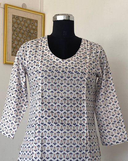 White And Blue Floral Hand Block  V Neck  Kurti