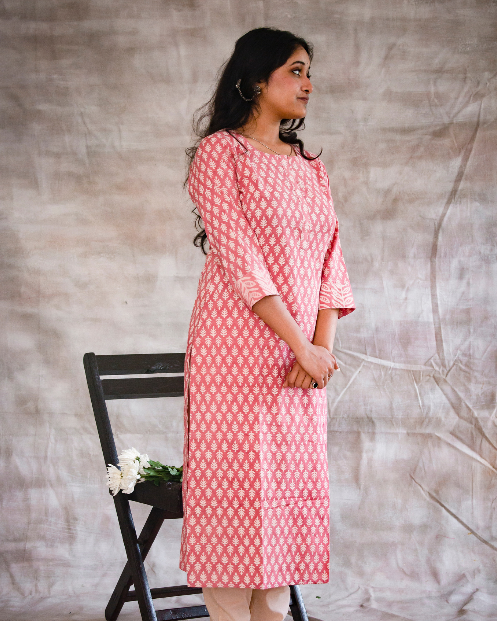 Baby Pink Dabu Hand Block Printed Kurti