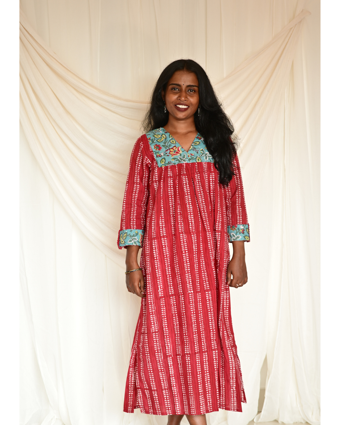 Gulmohar Red Handblock Printed Gatherd A-line dress kurti
